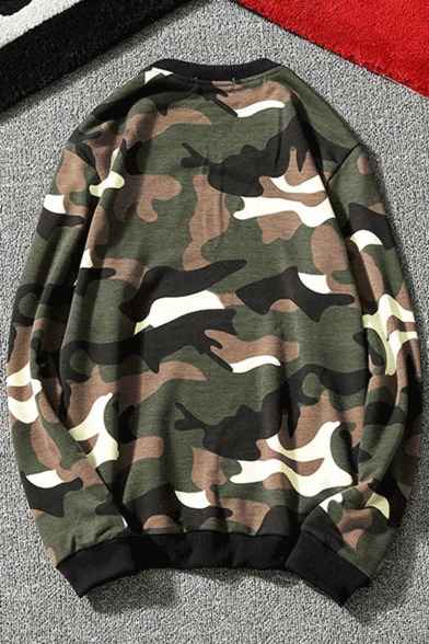 Mens New Stylish Camo Printed Round Neck Long Sleeve Loose Fit Pullover Sweatshirt