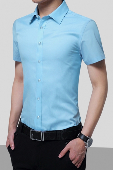 Mens New Stylish Simple Plain Short Sleeve Formal Button-Front Dress Shirt