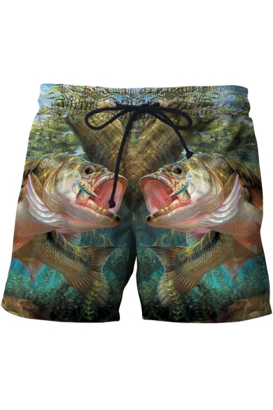 New Fashion 3D Fish Printed Drawstring Waist Mens Summer Beach Swim Trunks