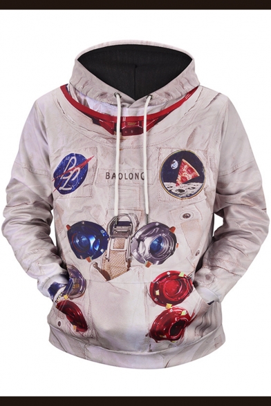 New Trendy Creative 3D Planet Pizza Astronaut Print Long Sleeve Beige Hoodie