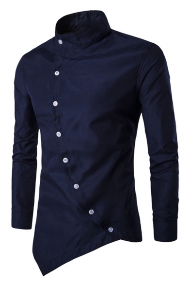 Retro Stand-Collar Long Sleeve Simple Plain Unique Asymmetric Button Placket Slant Cut Bottom Fitted Shirt for Men