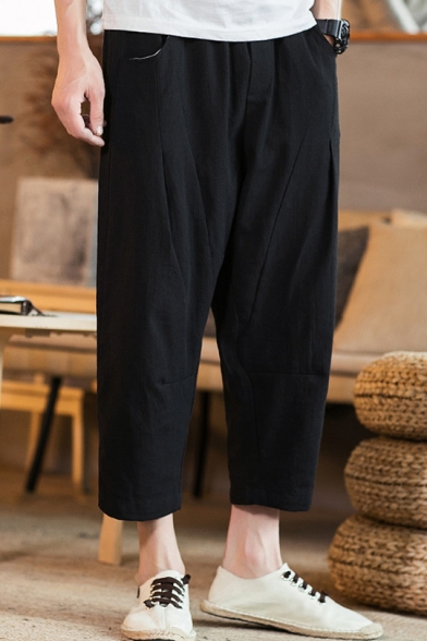 Summer New Trendy Basic Plain Casual Loose Linen Straight-Leg Cropped Pants for Men