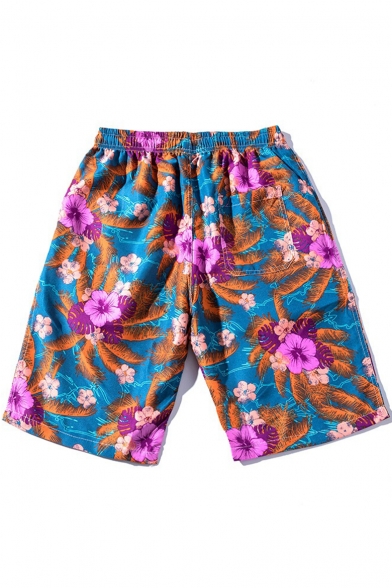 Summer New Trendy Floral Printed Drawstring Waist Cotton Beach Blue Swim Shorts