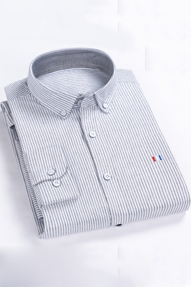 Trendy Striped Printed Mens Long Sleeve Casual Cotton Button-Down Shirt