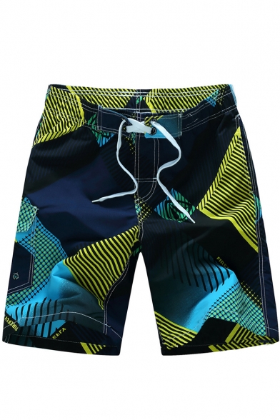 Trendy Style Drawstring Quick Drying Color Block Beachwear Swim Shorts for Guys with Side Cargo Pockets