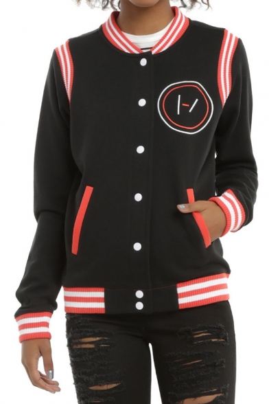 Stripe Printed Stand-Collar Long Sleeve Button-Front Black Baseball Jacket