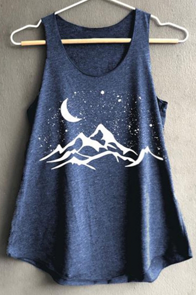 Unique Moon Mountain Print Sleeveless Summer Loose Leisure Tank Top