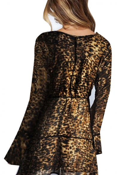 Women's Sexy V-Neck Fashion Leopard Printed Flared Sleeve Mini A-Line Dress