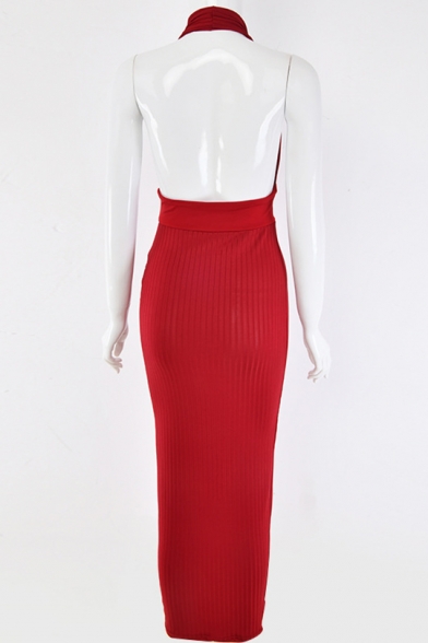 Womens New Fashion Simple Plain Halter Sleeveless Backless Maxi Bodycon Dress