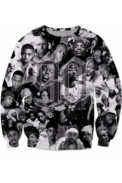 Hip Hop American Rapper Cool 3D Portrait Printed Round Neck Pullover Black Sweatshirt