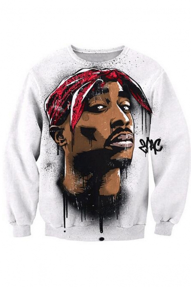 Hip Hop American Rapper Portrait Print Unisex Casual Loose White Sweatshirt