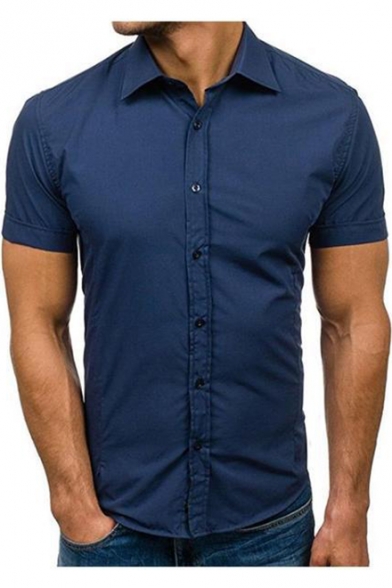 Basic Simple Plain Men's Slim Fitted Button-Up Short Sleeve Cotton Shirt
