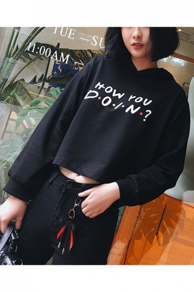 

Black Cotton Long Sleeve Letter HOW YOU DOIN Polka Dot Cropped Hoodie