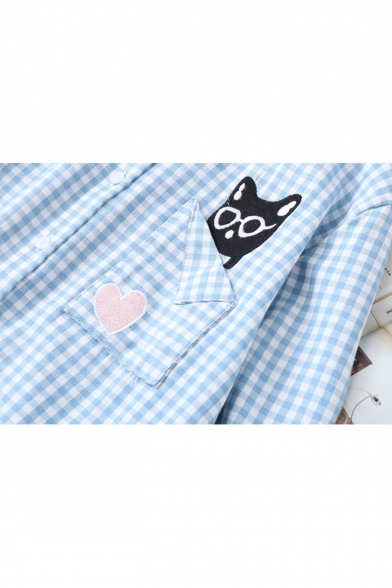Cartoon Cat Embroidery Pocket Simple Long Sleeve Button Front Plaid Shirt