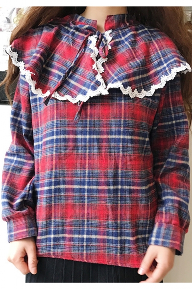 Chic Tartan Plaids High Neck Long Sleeves Loose Lace Trimmed Bow Neck Loose Blouse
