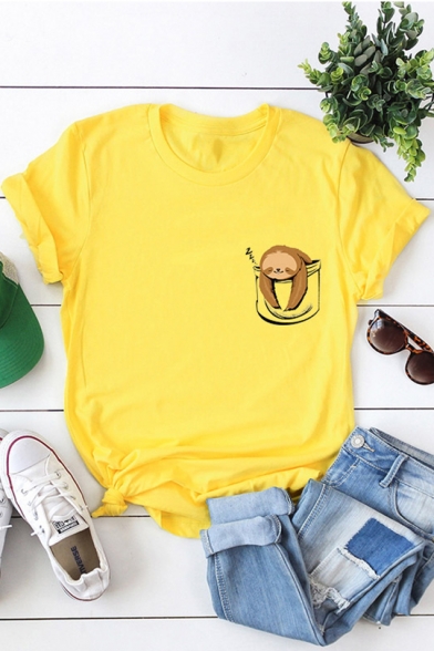 Cute Pocket Sloth Summer Basic Round Neck Short Sleeve Cotton T-Shirt