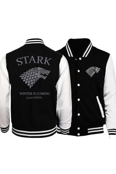 Game of Thrones Stark Wolf Printed Colorblock Rib Collar Long Sleeve Button Black Baseball Jacket