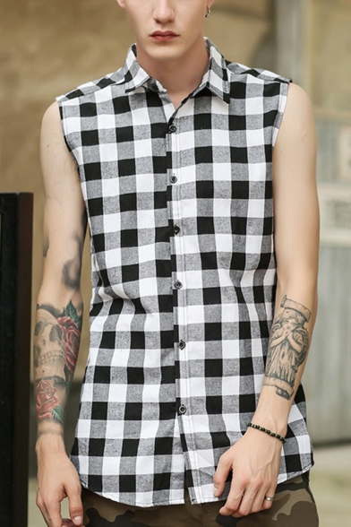 Guys Street Style Sleeveless Zip Side Round Hem Classic Plaid Print Casual Button-Up Shirt