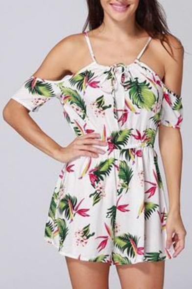 Holiday Sexy Off the Shoulder Lace-Up Front Short Sleeve Fashion Floral Printed Beach Rompers