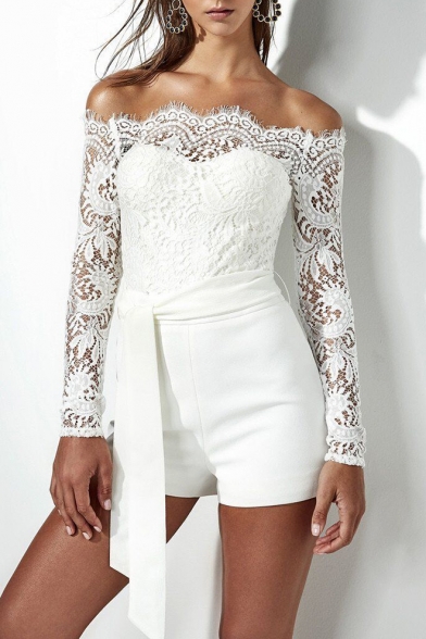 Off The Shoulder Lace Up Long Sleeve Plain Drawstring Waist Sexy White Rompers
