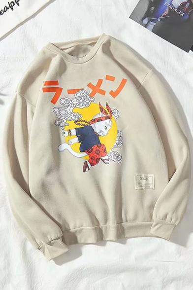 Japanese Style Retro Cartoon Printed Round Neck Long Sleeve Pullover Loose Fit Sweatshirt