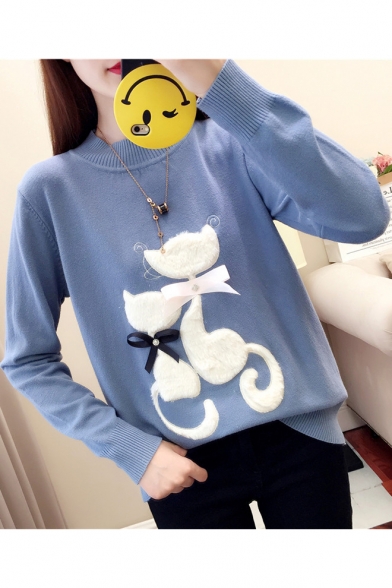 Long Sleeve Mock Neck Cartoon Cat Bow Patch Leisure Chic Sweater