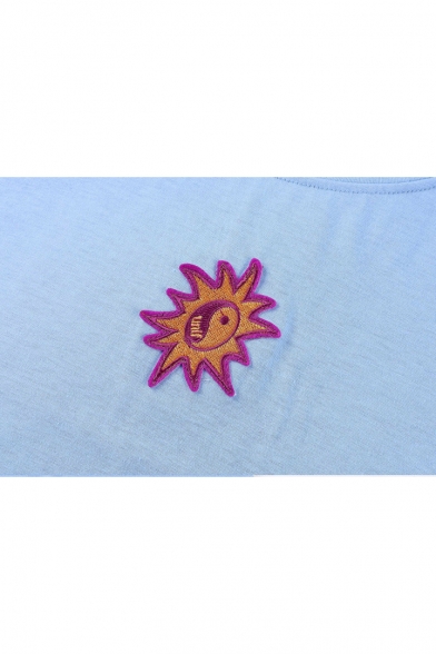 Lovely Sun Embroidered Round Neck Short Sleeve Casual Blue T-Shirt