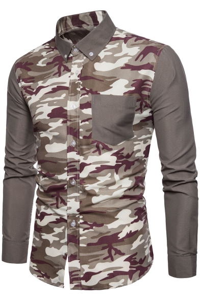 Men S Trendy Camo Pattern One Pocket Long Sleeve Slim Fit Button Down Shirt Beautifulhalo Com