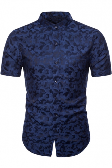 Men's Trendy Camo Pattern Stand-Collar Short Sleeve Fitted Button-Up Shirt