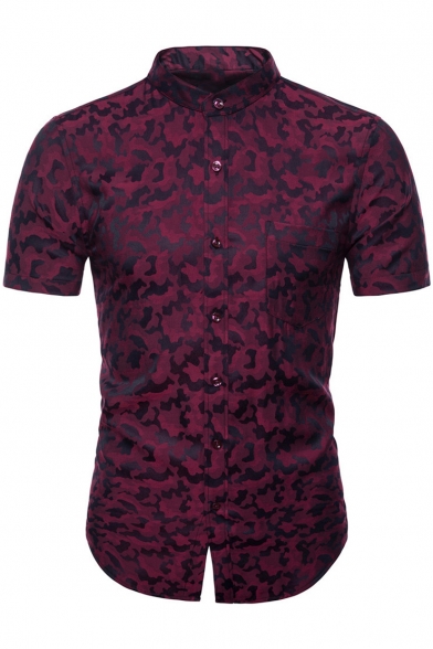 Men's Trendy Camo Pattern Stand-Collar Short Sleeve Fitted Button-Up Shirt
