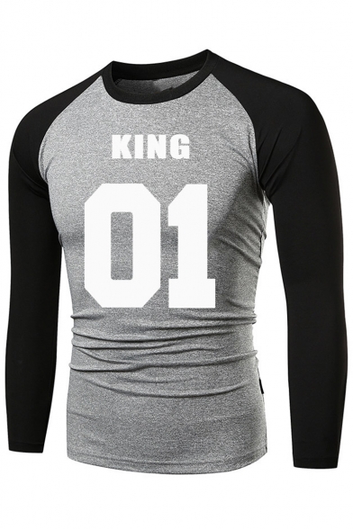 Mens Fashion Simple Letter KING Colorblocked Long Sleeve Fitness Quick-Dry Running Slim T-Shirt
