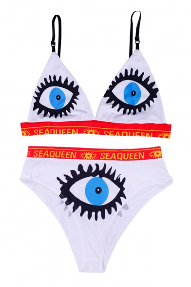 New Fashion Letter SEAQUEEN Cartoon Eyes Print Summer White Bikini for Women