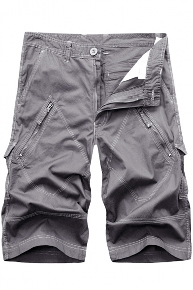 New Stylish Solid Color Multi-Pocket Zip Pocket Mens Cotton Casual Cargo Shorts
