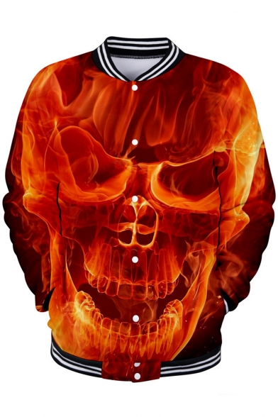 New Stylish Unique 3D Skull Printed Stand-Collar Long Sleeve Button-Down Baseball Jacket