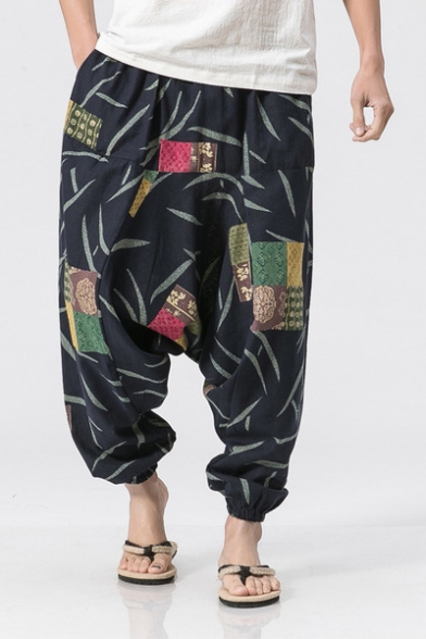 Retro Ethnic Tribal Printed Elastic-Waist Comfort Linen Loose Bloomers Wide-Leg Pants for Men