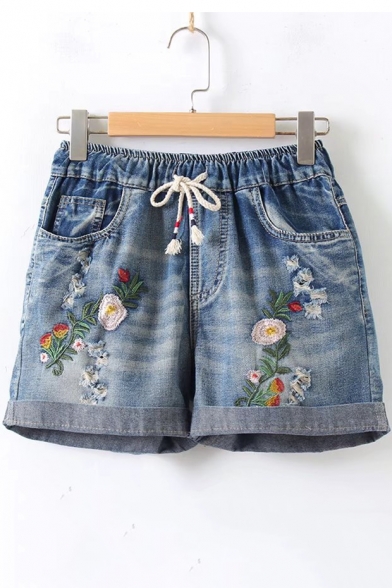 Retro Floral Embroidered Distressed Ripped Detail Drawstring Waist Loose Denim Shorts