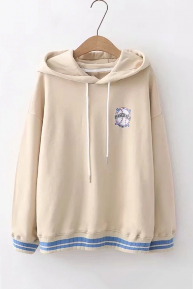 Simple Letter Baseball Embroidered Stripe Hem Long Sleeve Relaxed Fit Khaki Hoodie