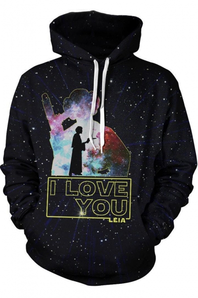 Star Wars 3D Galaxy Letter I LOVE YOU Printed Casual Sport Black Drawstring Hoodie