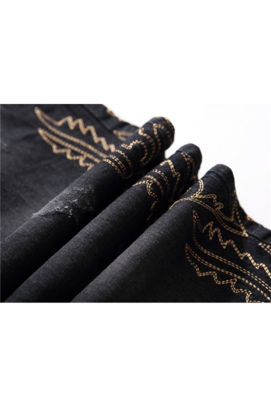 Stylish Embroidery Side Stretch Fitted Black Jeans for Men