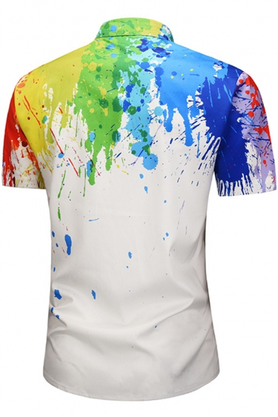 Summer New Stylish Splash Ink Print Guys Short Sleeve Casual White Shirt