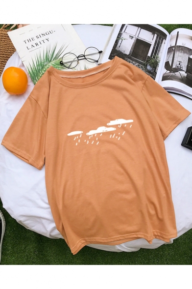 Summer Raining Print Basic Short Sleeve Round Neck Cotton T-Shirt