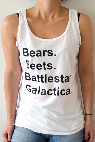 Summer Street Letter BEARS BEETS Scoop Neck Sleeveless White Relaxed Tank Top
