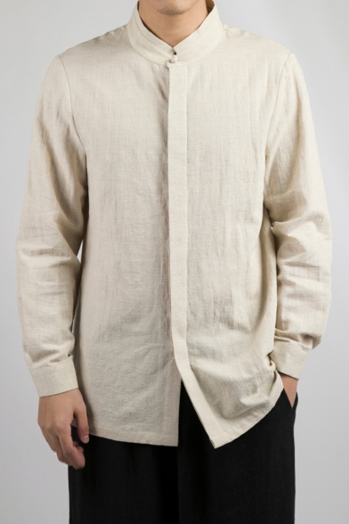 Chinese Style Retro Mandarin Collar Concealed Button-Front Solid Linen Shirt for Men