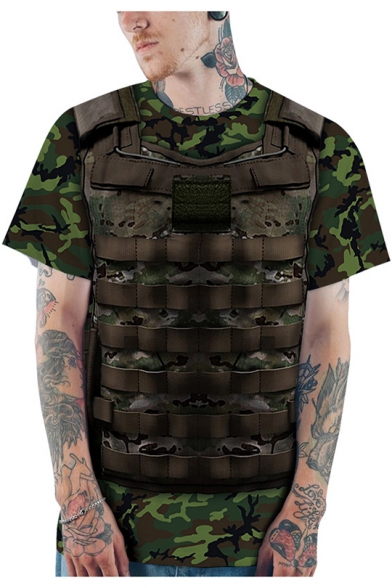 Cool 3D Armour Vest Pattern Short Sleeve Round Neck Green T-Shirt