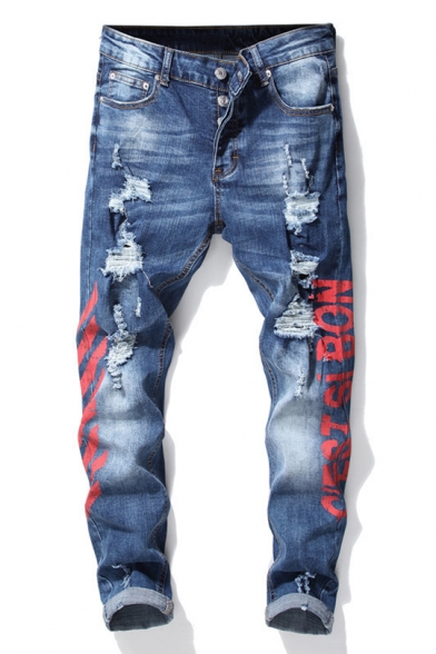 Cool Street Red Letter Print Light Blue Ripped Stretch Relaxed Fit Jeans for Men