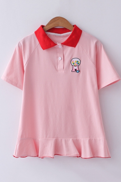 Cute Bulb Embroidery Fashion Ruffled Hem Polo Collar Short Sleeve T-Shirt