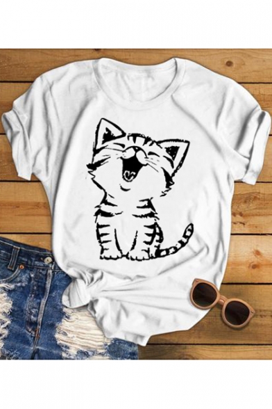 Cute Cat Printed Basic Short Sleeve Round Neck Casual Tee