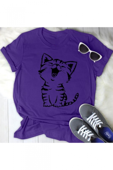 Cute Cat Printed Basic Short Sleeve Round Neck Casual Tee