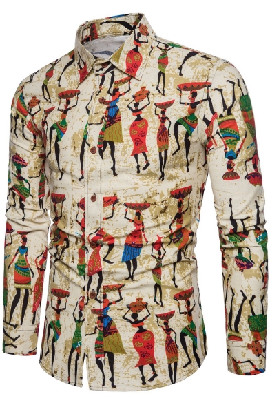 Ethnic Style Indian Figure Printed Men's Slim Fitted Long Sleeve Khaki Button-Up Shirt