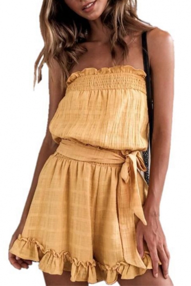 Fashionable Yellow Strapless Detail Bow Belted Ruffle Hem Summer Plain Romper